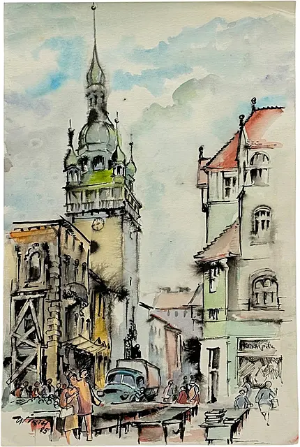 Martin Wirth, « Brno », rue de la vieille ville avec étals de marché et tour de l'hôtel de ville à Brno, Moravie, daté 1985