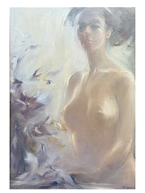Jadwiga Maria Jarosiewicz, "Akt", kvindeligt halvakt for lys baggrund, polsk maleri, 1989