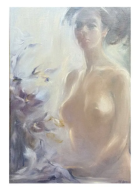 Jadwiga Maria Jarosiewicz, « Akt », demi-nu féminin sur fond clair, peinture polonaise, 1989