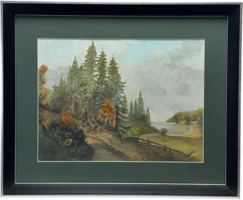 Wilfried Thierbach, lac de montagne avec groupe d'arbres, conifères et feuillage orange sur le chemin, daté 1989