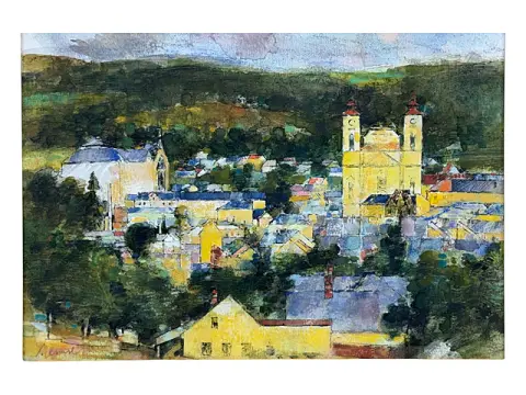 Petr Zlamal, vue de ville avec église à deux tours, peintre et graphiste tchèque de Šternberk