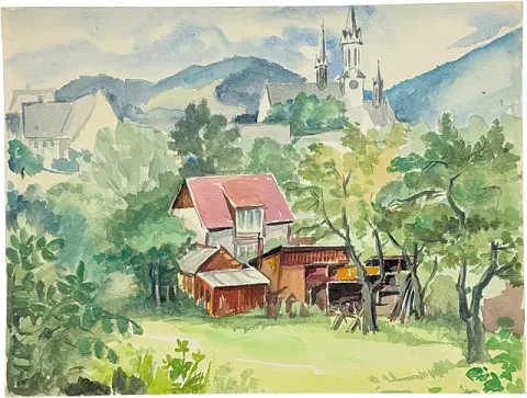 Martin Wirth, « Petite ville en Bohême », vue sur des jardins, clocher et montagnes, Šumava, 1983