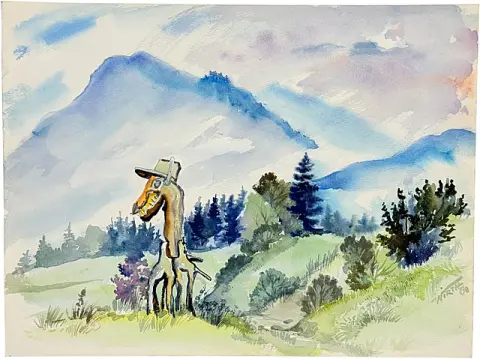Martin Wirth, « Rencontre au bord du chemin », figure imaginaire avec chapeau, Oisternig dans le Gailtal, Carinthie, 1990