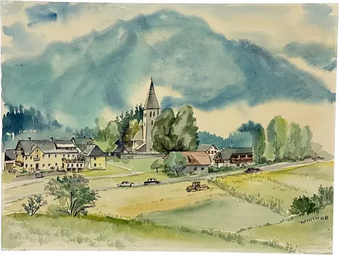 Martin Wirth, St. Paul im Gailtal, Carinthie, village alpin avec église et champs devant un massif montagneux, 1990