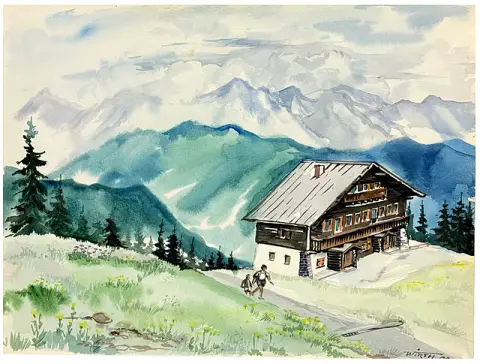 Martin Wirth, « Zell am See, sur le chemin du Schmittenhöhe », maison de montagne devant un panorama alpin, 1991