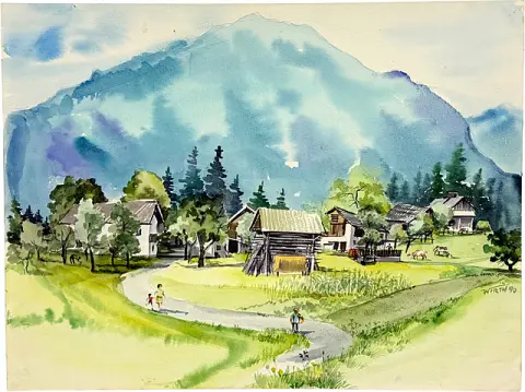 Martin Wirth, « Habitat près de St. Stefan (Carinthie) », village de montagne avec fermes et vaches au pâturage, 1990