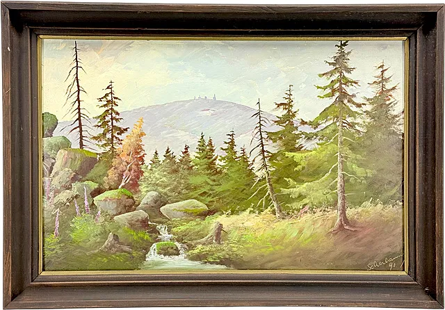 Rudolf Scherbaum, udsigt mod Brocken med bjergbæk i granskoven, Harz-maler, dateret 1990