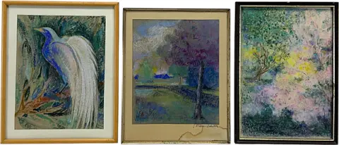 Grete Krämer-Zschäbitz, Trois représentations de la nature, oiseau de paradis, paysage et arbres en fleurs