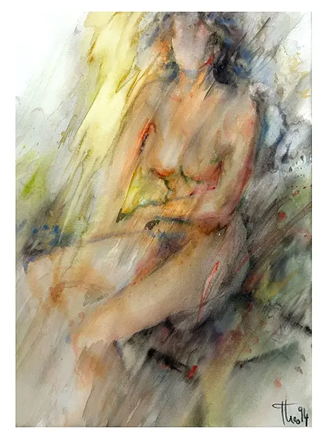 Theo, Nu féminin assis en jaune, rouge, bleu et vert, mouillé sur mouillé, 1994