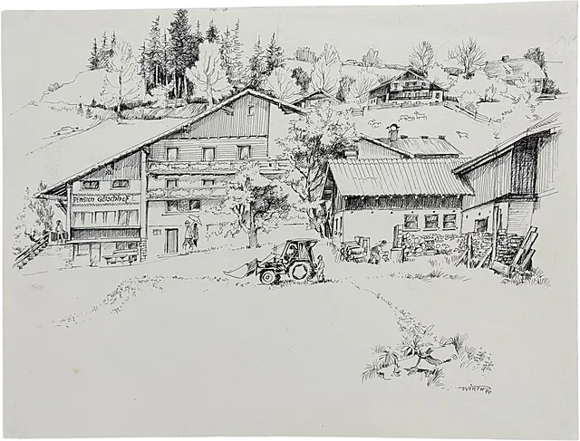 Martin Wirth, "Vakantie op de boerderij", pension met tractor en brandhout op de helling, 1994