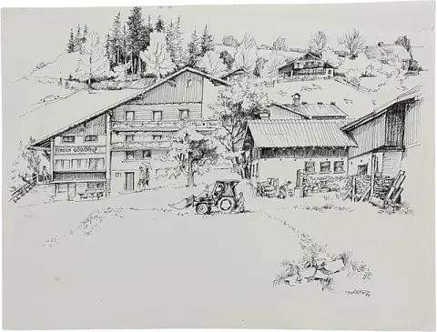 Martin Wirth, « Vacances à la ferme », pension avec tracteur et bois de chauffage sur le versant, 1994