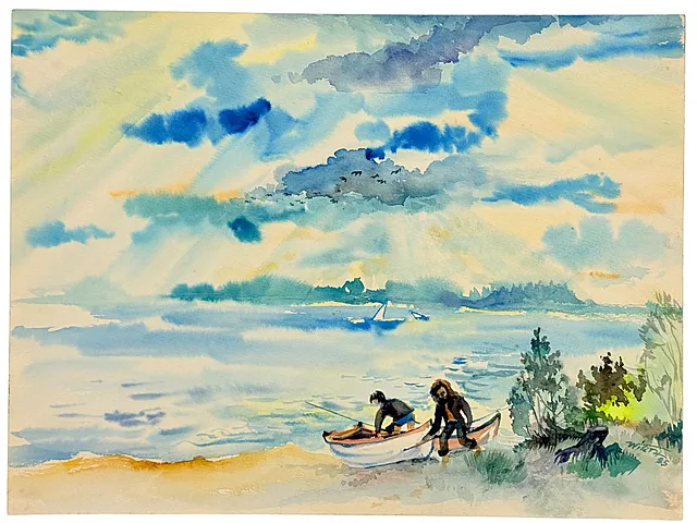 Martin Wirth, « Eau, vent et nuages, ambiance du soir en Mecklembourg », barque à rames au bord de l'eau, 1985