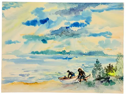 Martin Wirth, « Eau, vent et nuages, ambiance du soir en Mecklembourg », barque à rames au bord de l'eau, 1985