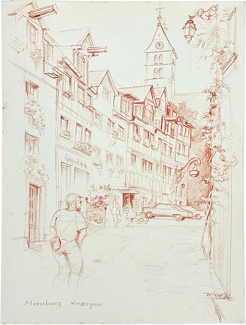 Martin Wirth, Meersburg, Winzergasse, Fachwerkgasse mit Kirchturm am Bodensee, Oberstadt, 1996