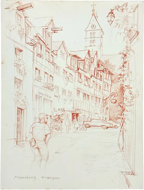 Martin Wirth, Meersburg, Winzergasse, ruelle à colombages avec clocher au bord du lac de Constance, ville haute, 1996