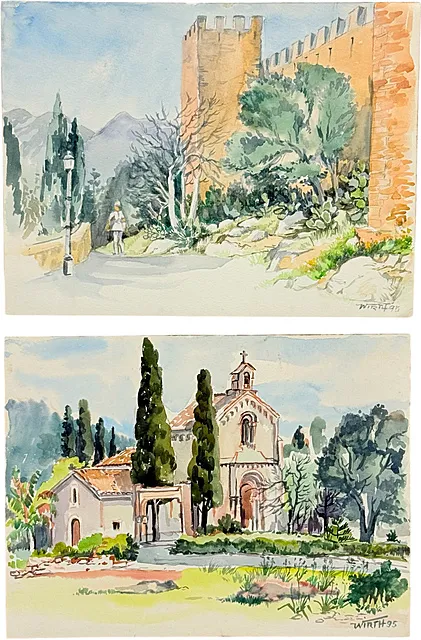 Martin Wirth, Deux vues de Majorque, château de Capdepera et chapelle de pèlerinage entre les cyprès, 1995