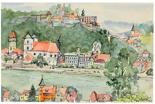 Martin Wirth, Passau, vue sur le fleuve vers une rangée de maisons, églises et Veste Oberhaus, veduta 2003