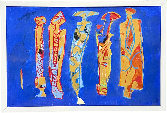 Karl-Peter Müller, »Afrikanske kvinder«, fem abstraherede kvinder på blå baggrund, 1995