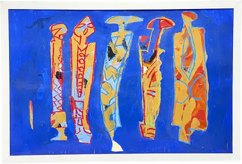 Karl-Peter Müller, « Afrikanische Frauen », cinq femmes abstraites sur fond bleu, 1995