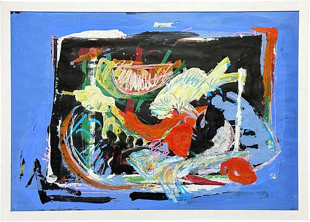 Karl-Peter Müller, « Unterwasser », composition abstraite avec forme de poisson sur fond bleu, 1995