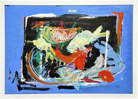 Karl-Peter Müller, « Unterwasser », composition abstraite avec forme de poisson sur fond bleu, 1995