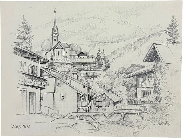 Martin Wirth, Kaprun im Pinzgau, Ortsansicht mit Kirchturm und Bergwald, Salzburger Land, 1991