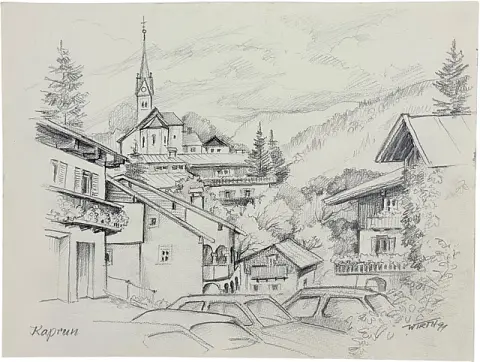Martin Wirth, Kaprun dans le Pinzgau, vue du village avec clocher et forêt de montagne, Land de Salzbourg, 1991