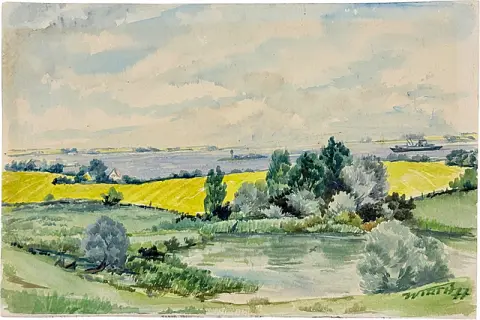 Martin Wirth, « Vue sur la baie de Wismar », paysage de la Baltique avec champs jaunes et étang, 1977