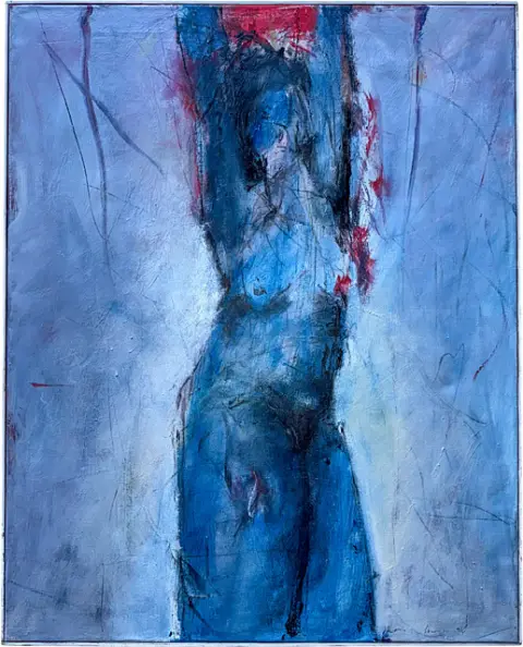 Wolfgang Kretzer, « Hoffnung », nu féminin en bleu aux bras levés, grand format, 1999