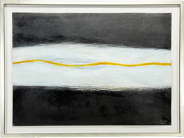 Jaroslav Kovář, « Der gelbe Strich », composition abstraite avec ligne ondulée jaune, datée 2000