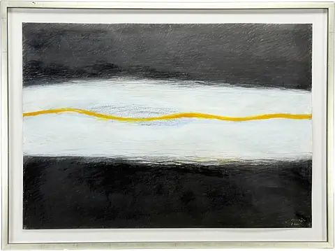 Jaroslav Kovář, « Der gelbe Strich », composition abstraite avec ligne ondulée jaune, datée 2000