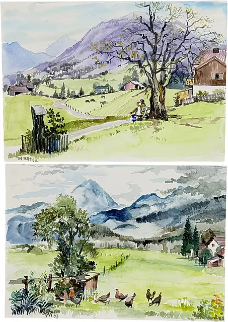 Martin Wirth, Bad Kohlgrub en Bavière, vue du village et poules devant un paysage de montagne, deux feuilles 2003