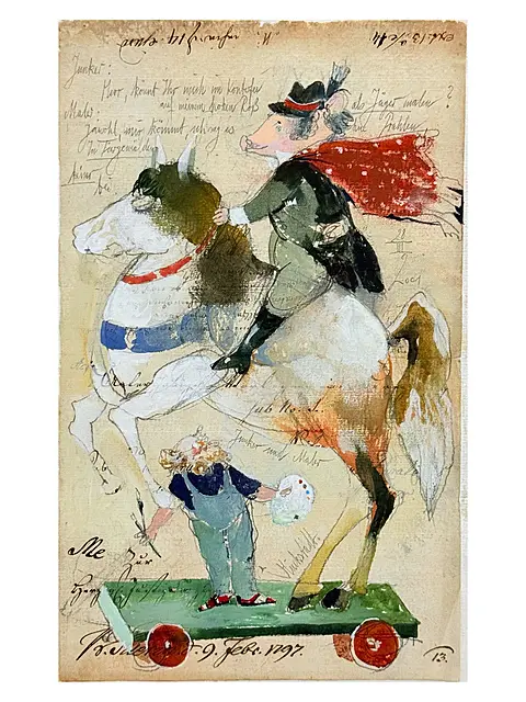 Eberhard Hückstädt, Épigramme avec autoportrait, technique mixte sur papier, 2001