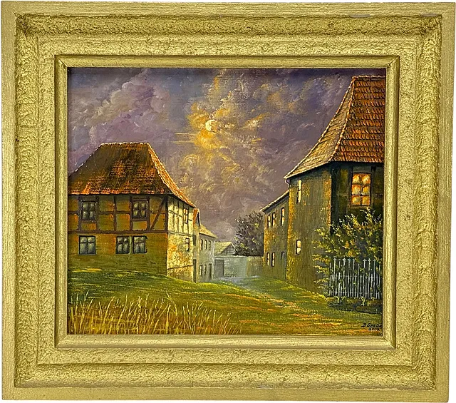 Dietrich Genau, Schmiedegasse à Hoym de nuit, maisons à colombages au clair de lune, 2002