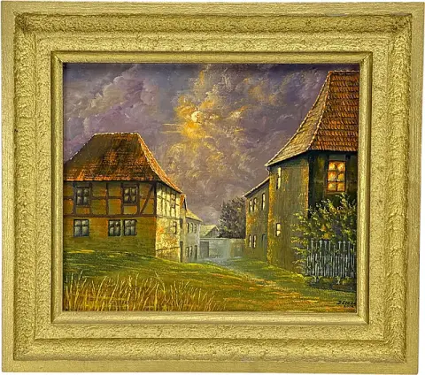 Dietrich Genau, Schmiedegasse à Hoym de nuit, maisons à colombages au clair de lune, 2002