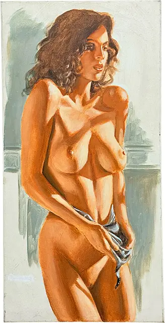 Rocavagio, Nu féminin debout avec tissu bleu clair, figure en trois quarts sur fond clair, 2005