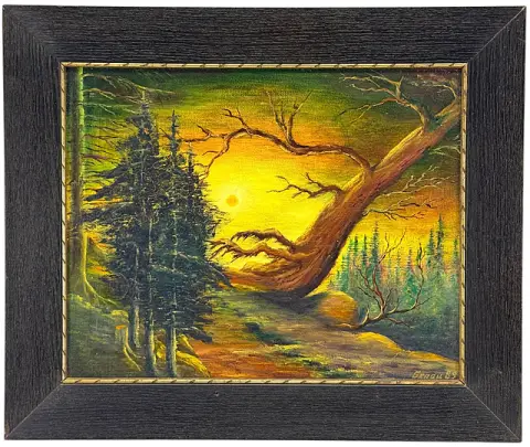 Dietrich Genau, paysage du soir d'après Caspar David Friedrich, ambiance forestière romantique, 1989