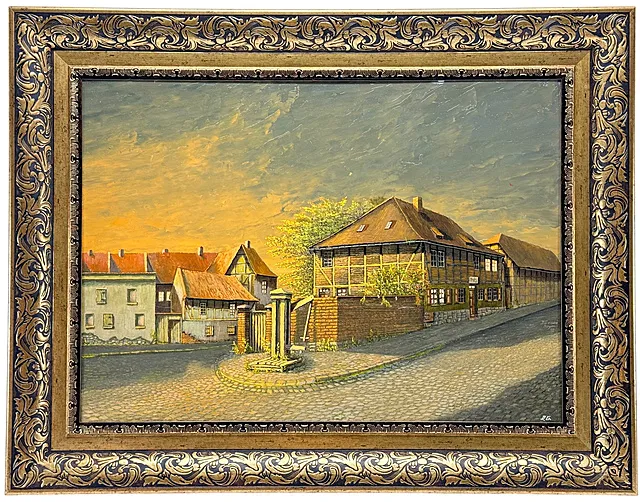 Dietrich Genau, dřevěná pumpa u historické pekárny v Hoymu, pohled do ulice, 2012