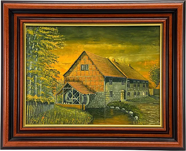 Dietrich Genau, Mittelmühle à Hoym, moulin à eau avec roue au coucher du soleil, 2010