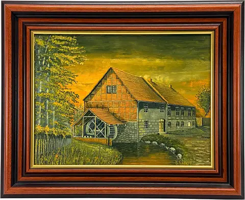 Dietrich Genau, Mittelmühle à Hoym, moulin à eau avec roue au coucher du soleil, 2010