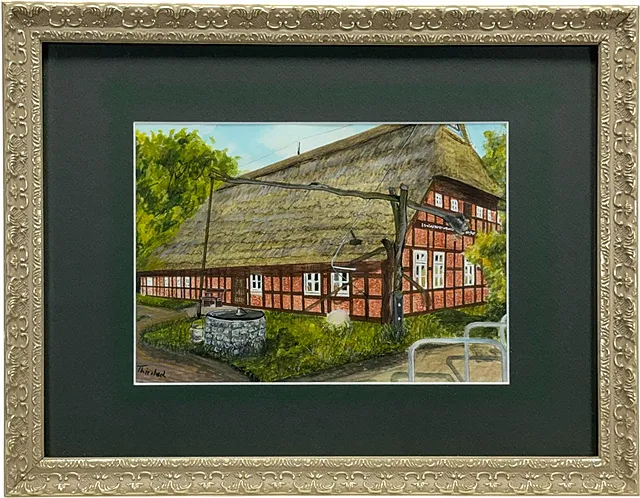 Wilfried Thierbach, maison à colombages sur Sylt, toit de chaume et puits à balancier, daté 2011