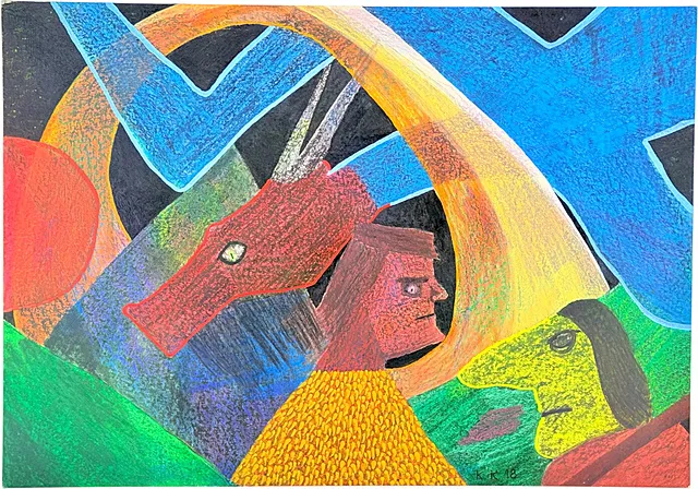 Kost Koza, dragon avec deux figures, représentation fantastique, outsider art de Croatie, art brut, 2018