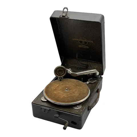 Grammofono portatile Columbia per dischi in gommalacca con manovella, Made in England