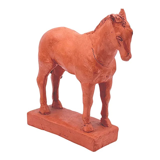 Cheval debout sur socle rectangulaire, terre cuite, maquette d'une sculpture animalière, monogrammée