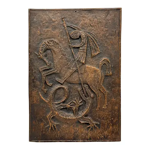 Schmitz-Hohe, saint Georges combattant le dragon, relief en bronze en plaquette murale, 1963