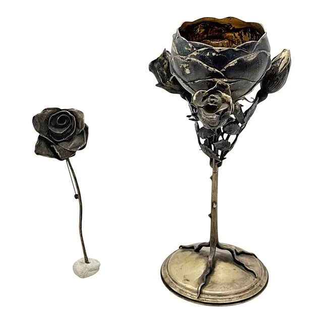 Eugen Marcus, Berlin, vase calice, vase à roses, argent 800, vers 1900, broche rose, argent 925