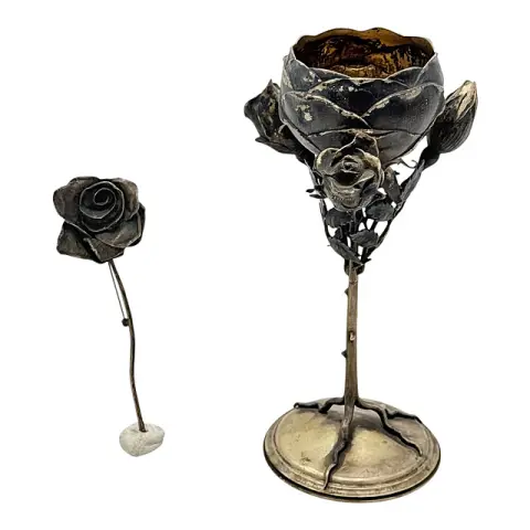 Eugen Marcus, Berlin, vase calice, vase à roses, argent 800, vers 1900, broche rose, argent 925