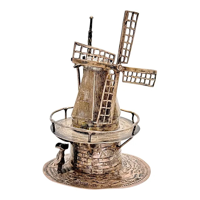 Sølvminiature vindmølle, Holland, bevægelige gittervinger, galleri og figurer, stemplet