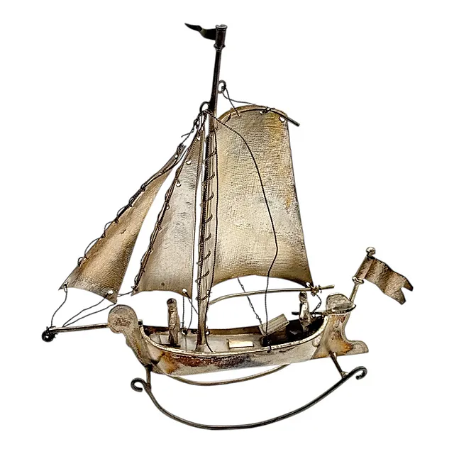 Veliero in miniatura d'argento, argento 833, Paesi Bassi, equipaggio, bandiera mobile, supporto oscillante