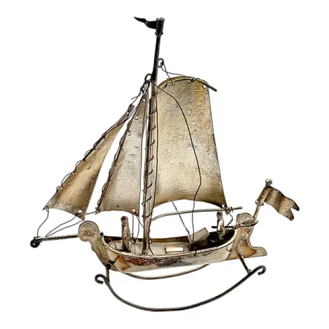 Miniature de voilier en argent 833, Pays-Bas, équipage, drapeau mobile, support à bascule